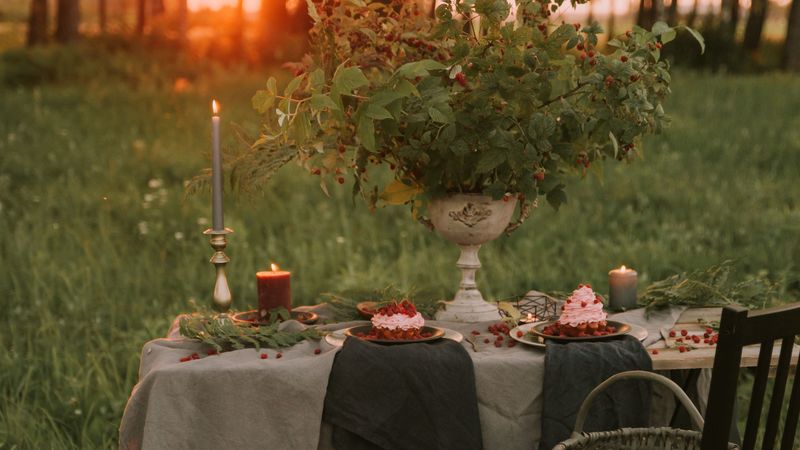 table, chair, nature, sunset, romance, 4k