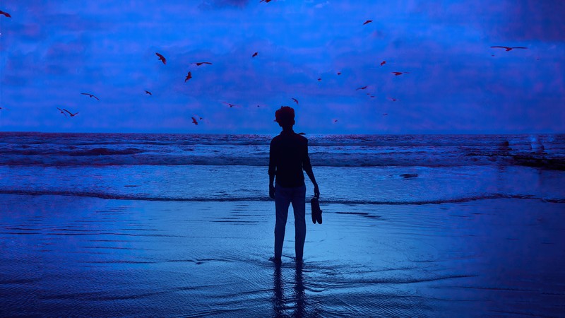 beach, blue, artist, artwork, digital art, hd, 4k, moon