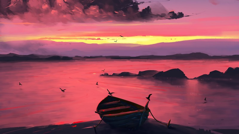 boat, artist, artwork, digital art, hd, 4k, 5k, sunset, evening