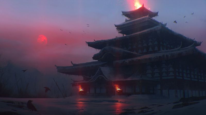 pagoda, temple, castle, japanese temple, fantasy, art, 4k
