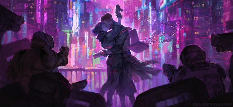 cyberpunk, couple, artist, artwork, digital art, hd, 4k, kissing, artstation
