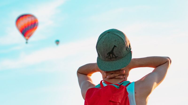 man, balloons, sky, cap, backpack, 4k
