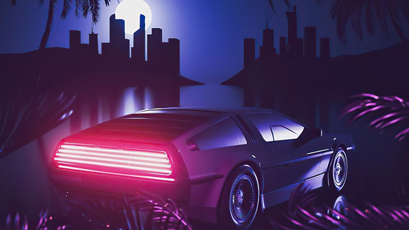 delorean, cars, artist, artwork, digital art, hd, retrowave