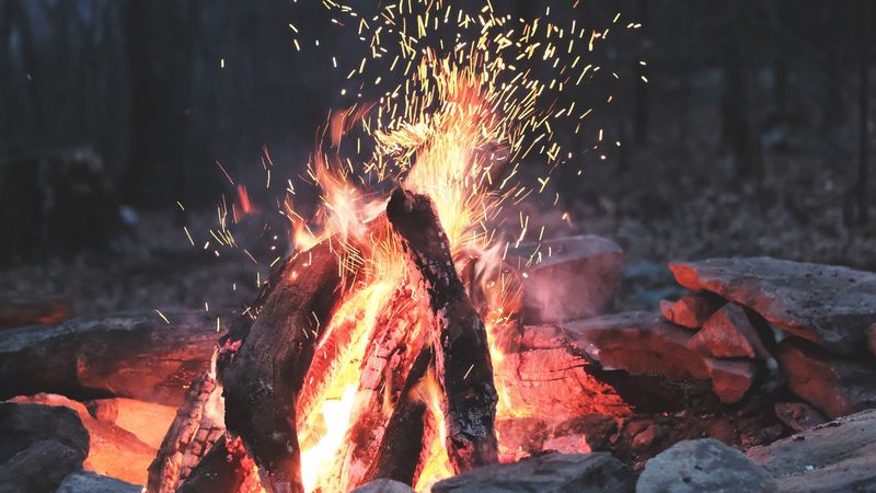 bonfire, fire, sparks, stones, firewood, burn, 4k
