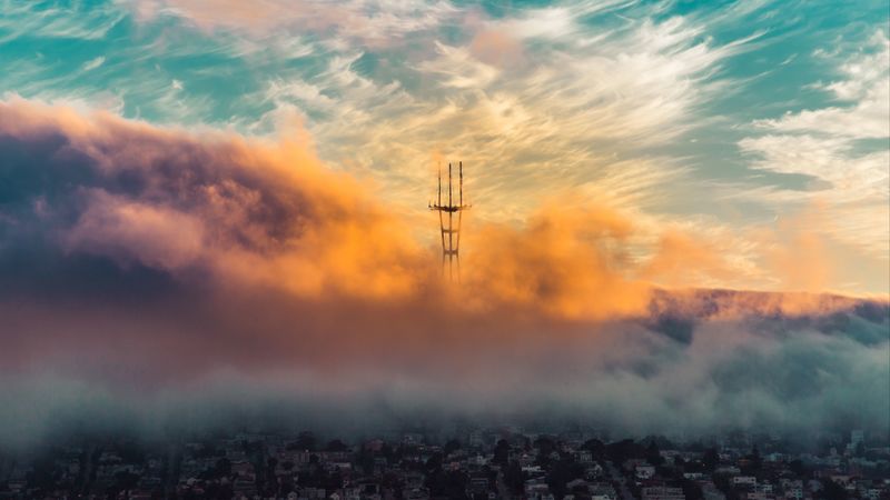 city, clouds, aerial view, tower, height, 4k
