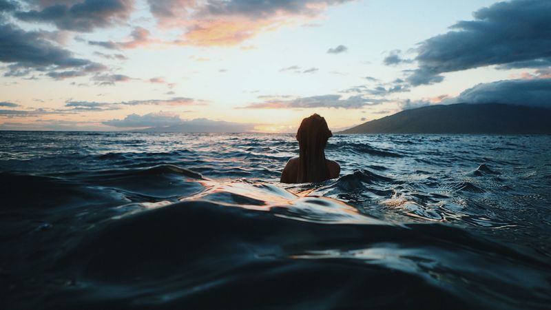 person, sea, waves, water, sunset, 4k