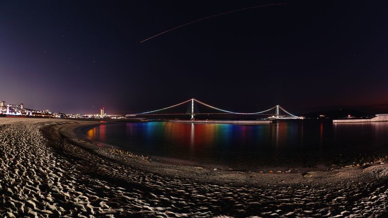 bridge, night, backlight, reflection, coast, 4k
