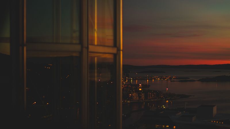 night city, coast, aerial view, dark, overview, view, 4k