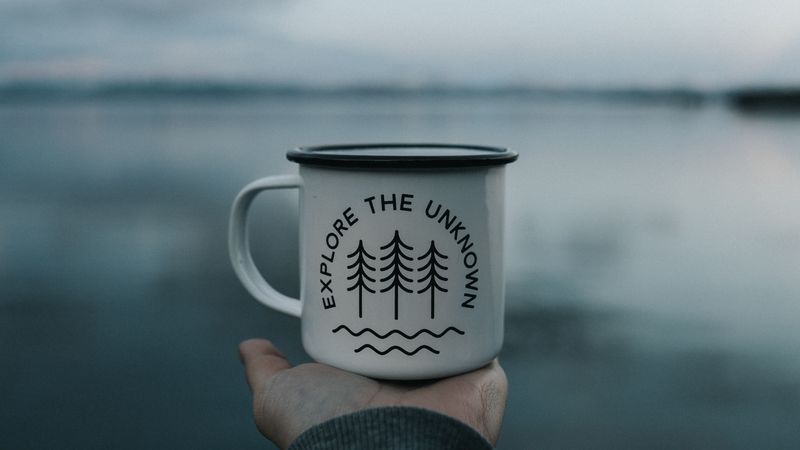 mug, inscription, hand, lake, nature, 4k