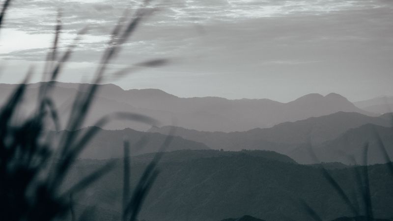 mountains, hills, fog, grass, landscape, 4k