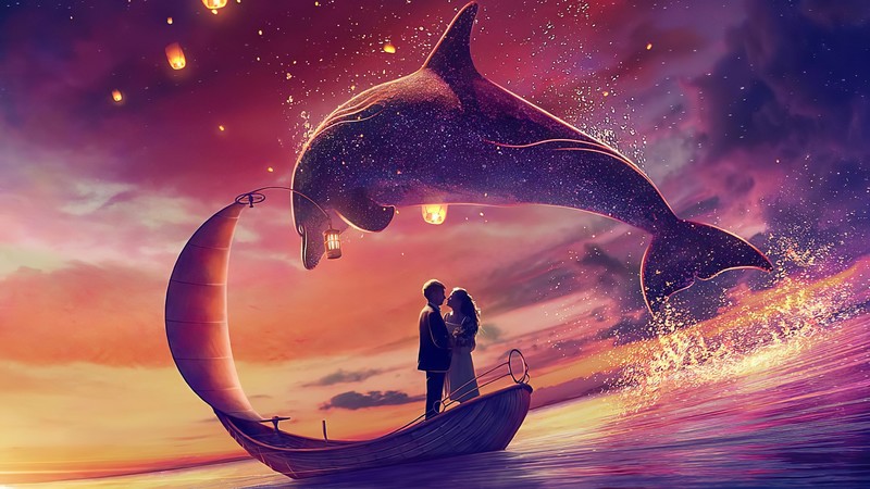 couple, love, dolphin, artist, artwork, digital art, hd, 4k