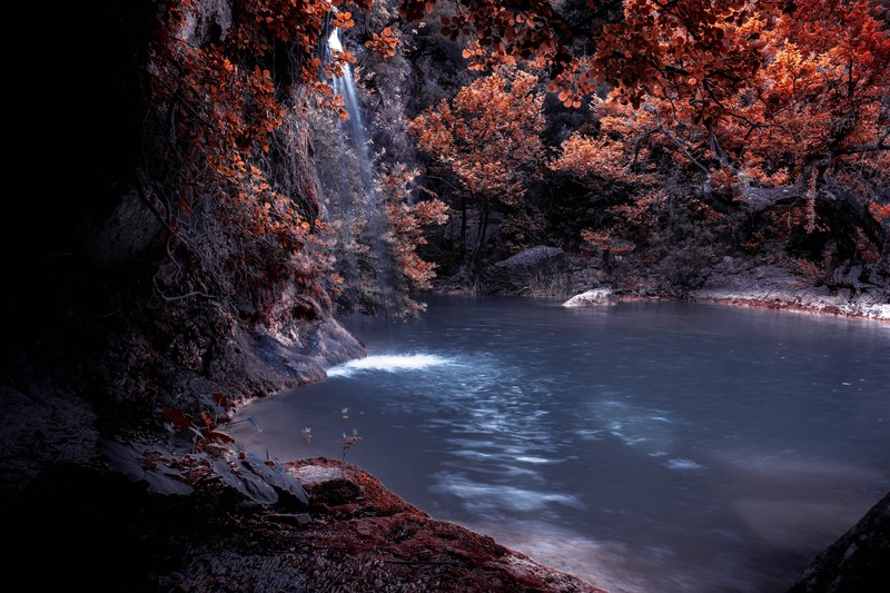 waterfall, lake, forest, nature, hd, 4k, 5k