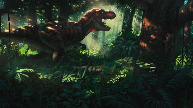 tyrannosaurus, dinosaur, jungle, forest, art, 4k