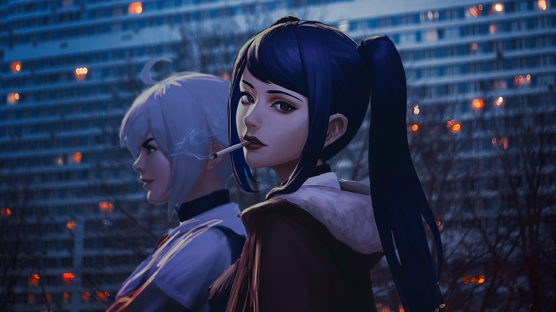 anime girl, anime, artist, artwork, digital art, hd, 4k, smoking