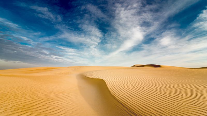 desert, sand, dunes, wavy, sky, 4k