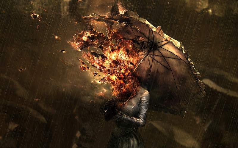 umbrella, fire, artist, artwork, digital art, hd, 4k, manipulation