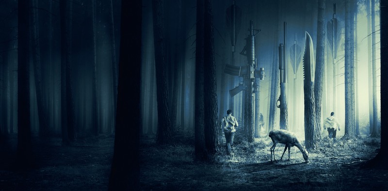 forest, artist, artwork, digital art, hd, 4k, 5k, deer, guns