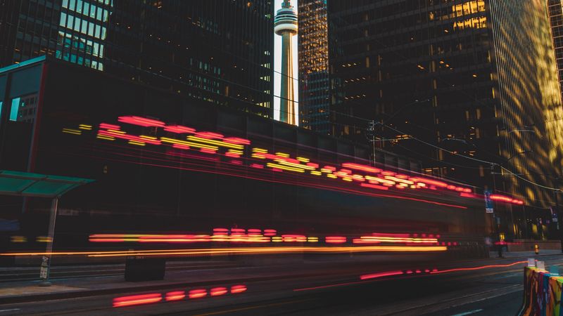 city, buildings, lights, movement, road, long exposure, 4k