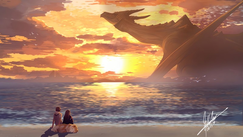 dragon, sunset, beach, artist, artwork, digital art, hd, 4k, 5k, dog, deviantart