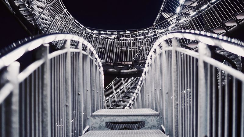 staircase, winding, twisted, structure, metal, backlight, 4k