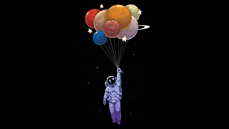astronaut, artist, artwork, digital art, hd, 4k, minimalism, minimalist, dark, black, balloons