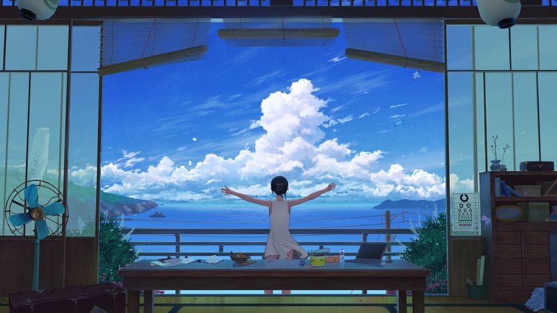 girl, terrace, art, sea, clouds, 4k