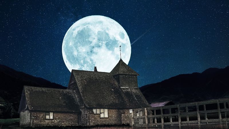 building, moon, night, full moon, starry sky, 4k