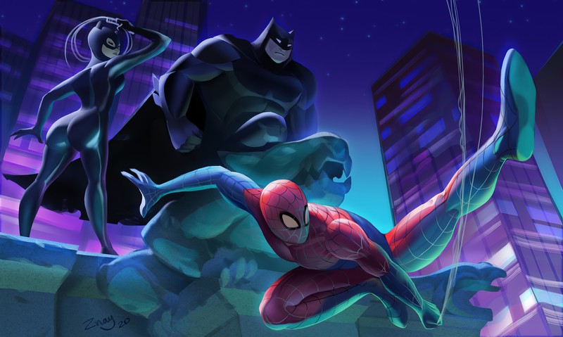 batman, spiderman, catwoman, 4k, superheroes, artwork, hd, artstation
