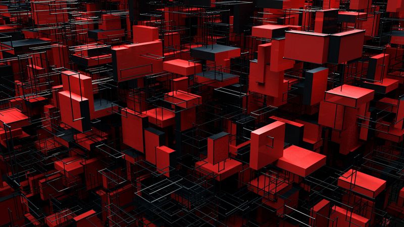 structure, blocks, 3d, red, black, 4k