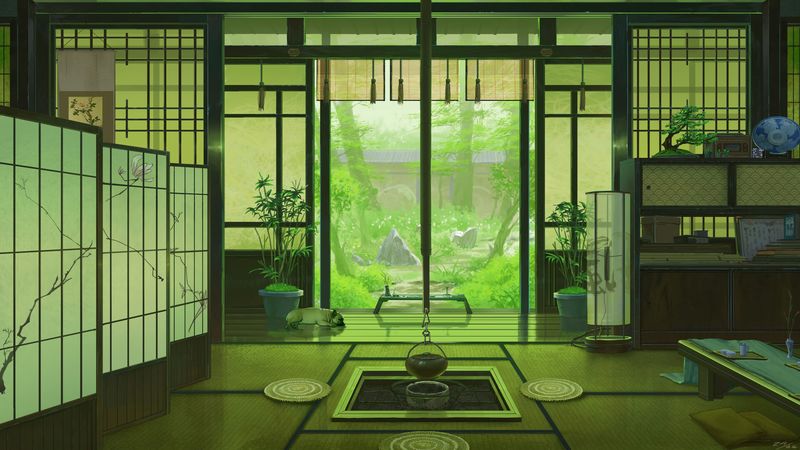interior, japan, art, window, view, 4k