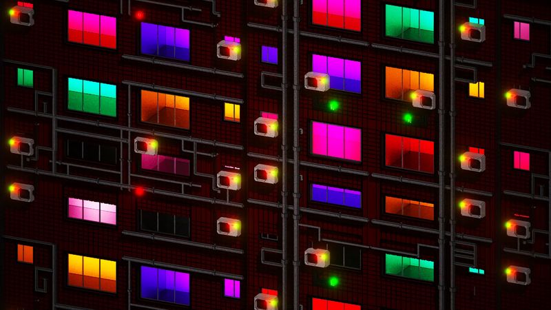 building, facade, windows, colorful, light, 4k