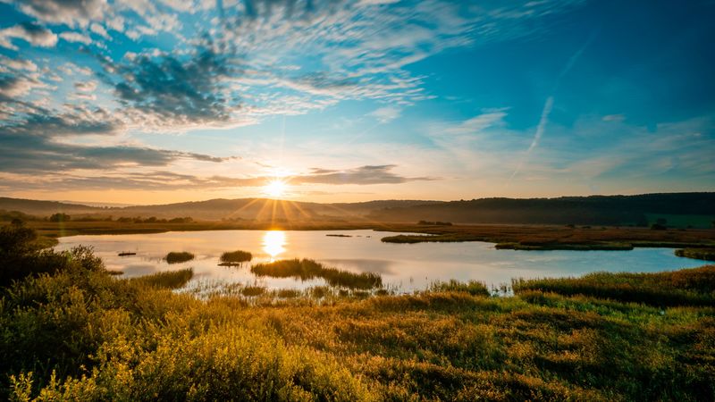 lake, sun, dawn, shore, landscape, 4k