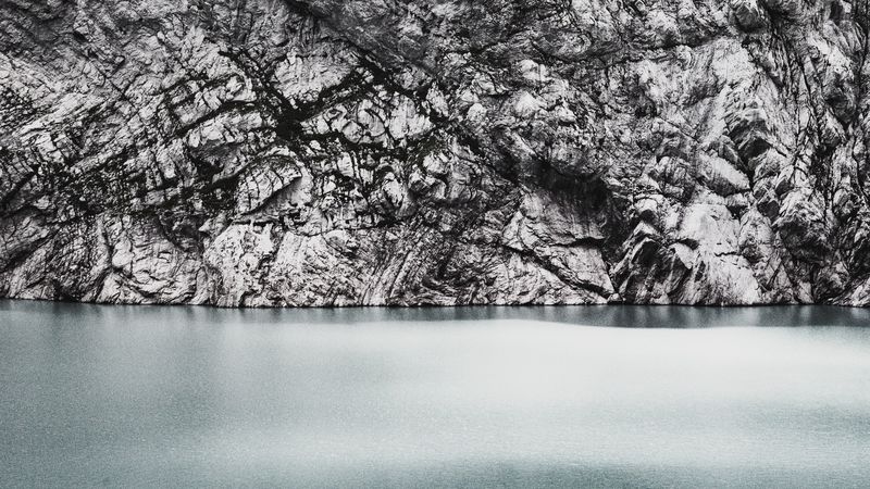 rock, cliff, stone, water, shore, 4k
