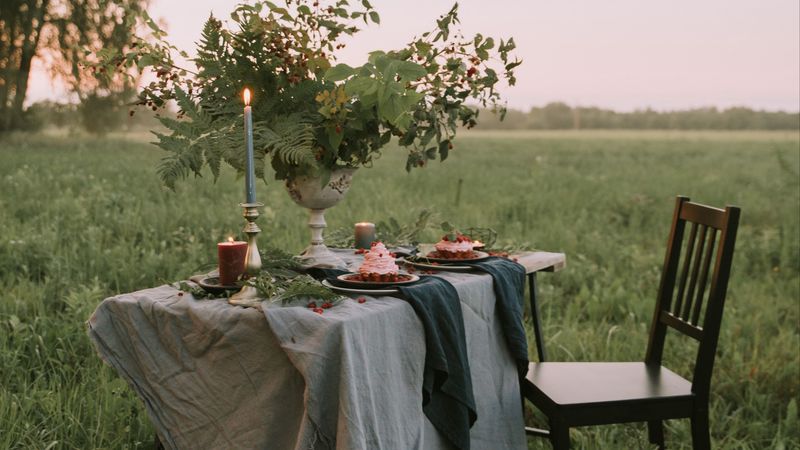 table, chair, lawn, nature, romance, 4k