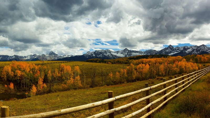 fence, landscape, sky, clouds, fall, mountains, nature