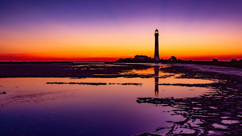 lighthouse, sunlight, sky, colorful, reflection, sunset