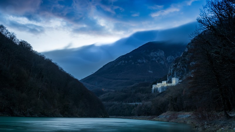 mountains, blue, landscape, castle, river, powerlines