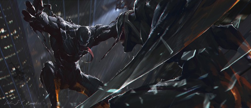 digital art, Venom, Riot (Symbiote), city, night, rain, creature, Marvel Comics