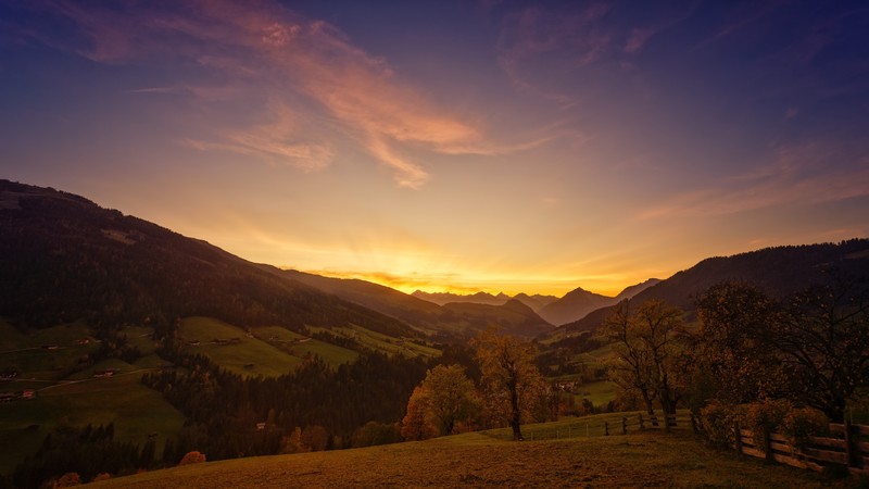 landscape, sky, sunlight, trees, mountains, sunset
