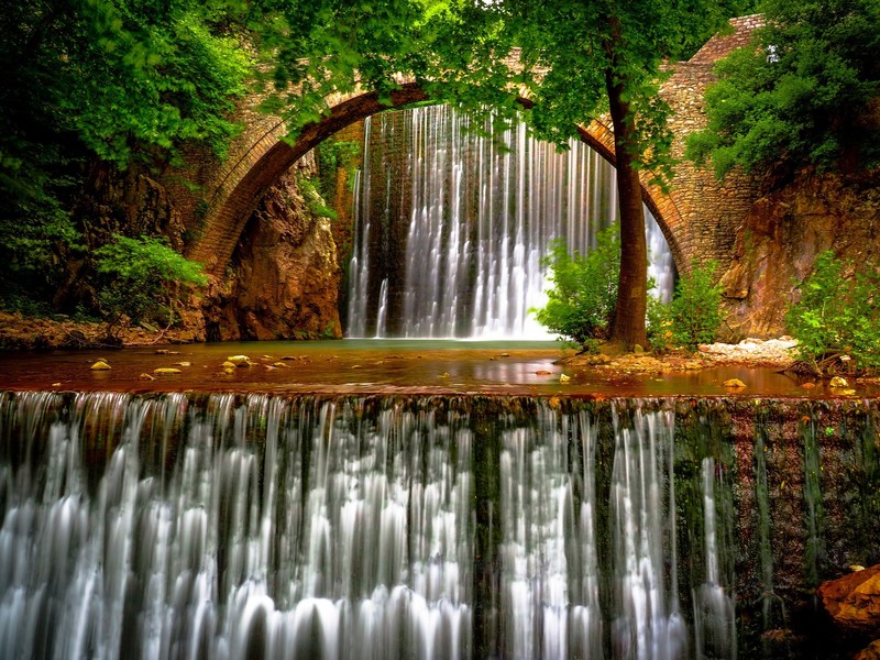 waterfall, water, trees