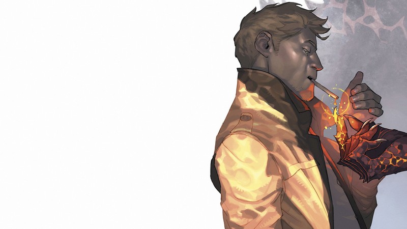 John Constantine, Constantine, Hellblazer, cigarettes, fire, artwork, smoking