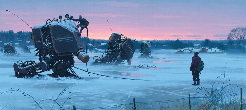 robot, men, snow, science fiction, futuristic, digital painting, Simon Stålenhag