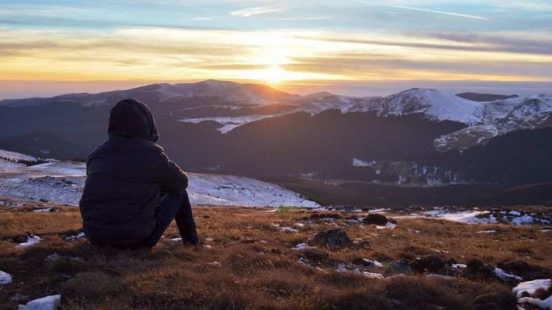 silhouette, mountains, sunset, landscape, loneliness, 4k