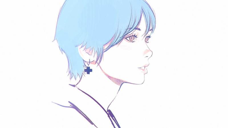 portrait, face, profile, artwork, blue hair, women
