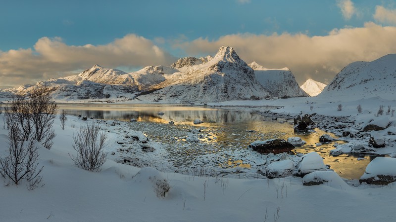 nature, landscape, mountains, snow, Norway, Lofoten, winter, lake