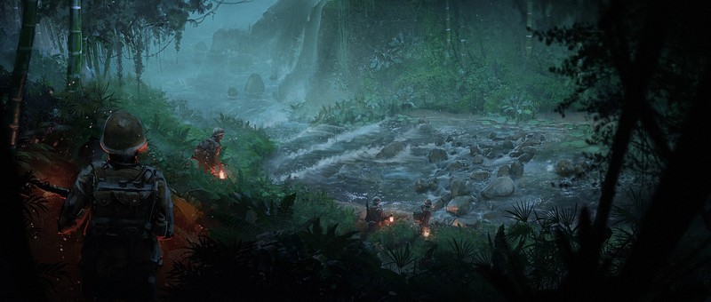Maksym Harahulin, soldier, jungle, river, environment, concept art, artwork, digital art, rocks, trees, illustration