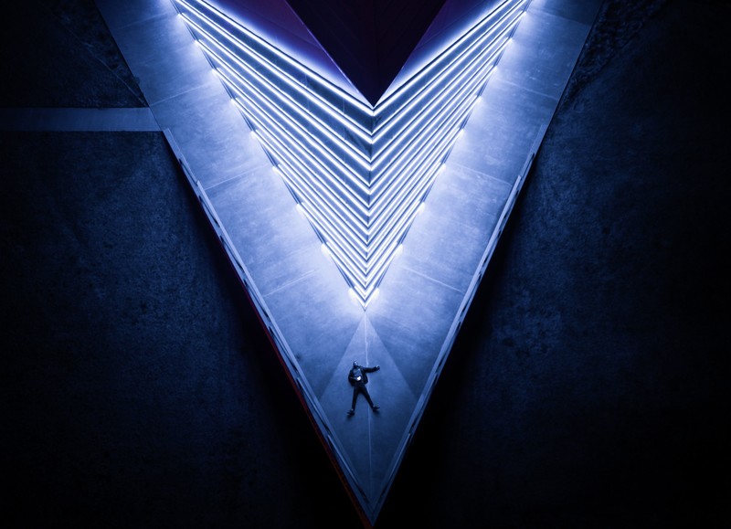 lights, neon, building, symmetry, men, blue, dark, violet