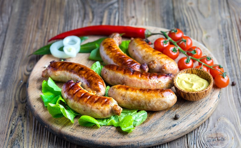 sausage, food, tomatoes, vegetables