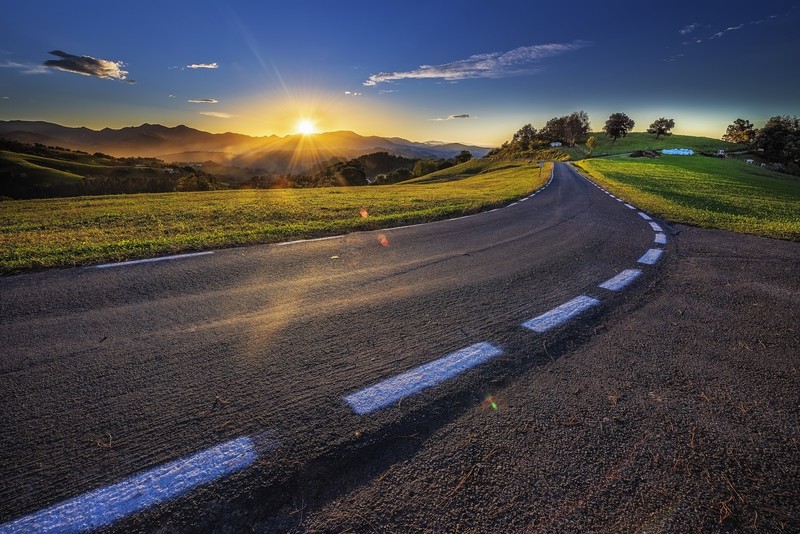 road, asphalt, landscape, Sun