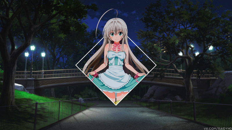 anime, anime girls, picture-in-picture, night, park, dress, green eyes, Nyaruko, Haiyore! Nyaruko-san